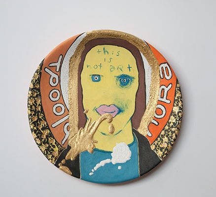 9 Bloody Nora, 8 in. (20 cm) in diameter, porcelain, terra sigillata, underglaze pencil, gold luster, 2020.