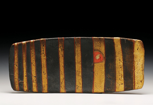 2 Randy Johnston’s sushi tray with stripes, 21¾ in. (55 cm) in width, anagama wood-fired stoneware, flashing slip, colored slips, 2022. Photo: Schaller Gallery.