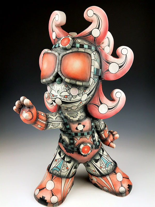 5 Red Huaco Sankuokai, 24 in. (61 cm) in height, stoneware, underglazes, clear glaze, 2020. 