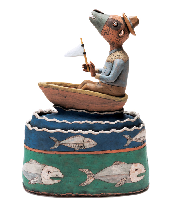 1 Giving Up The Fish Ghost, 16 in. (41 cm) in height, ceramic, slips, underglaze, glaze, stains, wood, mixed media, fired to cone 1, 2022. 