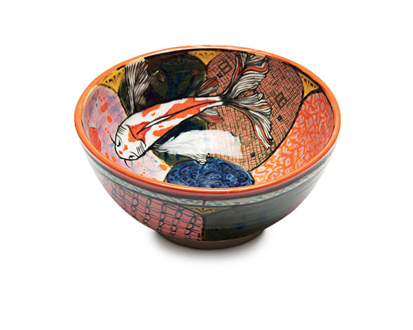 1 Roberto Lugo’s Large Decorative Bowl with Koi Fish, 11 in. (28 cm) in diameter, ceramic, glaze, 2021.  Photo: Julia Lehman. Courtesy of Wexler Gallery.