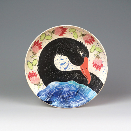 Black Swan, 9½ in. (24 cm) in diameter, Laguna Clay B mix porcelaneous stoneware, wheel thrown, underglaze, sgraffito, selectively glazed, fired in an electric kiln to cone 6, finished with Liquid Quartz, 2019. 