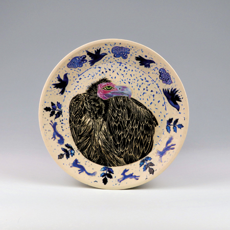 Vulture Dreams, 10¼ in.(26 cm) in diameter, Laguna Clay B mix porcelaneous stoneware, wheel thrown, underglaze, sgraffito, selectively glazed, fired in an electric kiln to cone 6, finished with Liquid Quartz, 2019. 