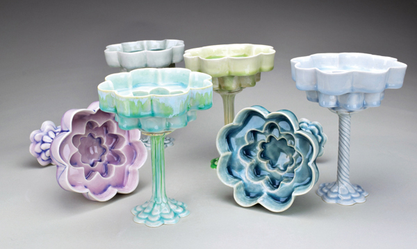 Assorted cocktail cups, to 8½ in. (22 cm) in height, slab-built porcelain, glaze, fired to cone 6 in an electric kiln, epoxy, 2021.