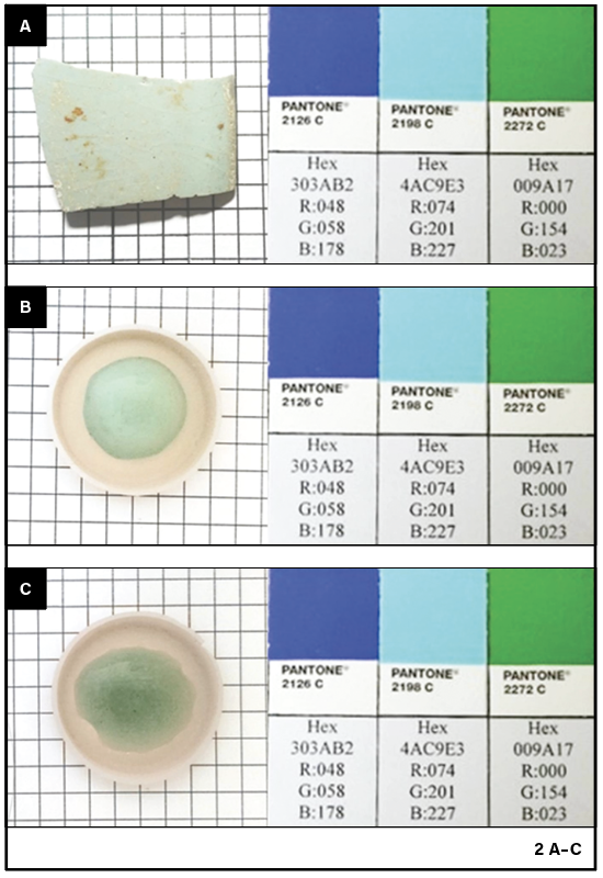 2 Appearances of (A) the shard of Ru celadon porcelain, (B) top-view of L-2a sample after fired at 1250°C for 5 hours in the reducing atmosphere, and (C) top-view of RW1-1 sample as fired at 1250°C for 5 hours in the reducing atmosphere. 