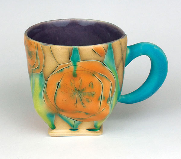 2 Shana Salaff’s Mug with Orange Poppies, 5 in. (13 cm) in width, handbuilt porcelaneous stoneware, fired to cone 5 in oxidation.