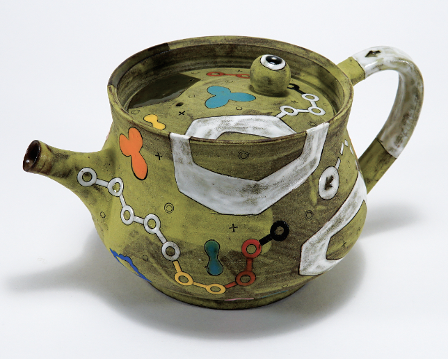 6 Chartreuse Teapot with Curious Eye, 7 in. (18 cm) in length, stoneware, 2020. 
