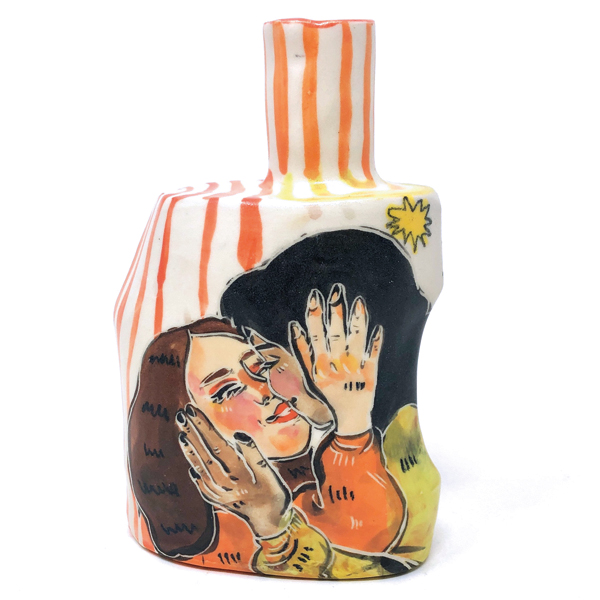 8 Anika Major’s Kissing Couple Bottle, 7 in. (18 cm) in height, hand-painted porcelain, fired to cone 5 in an electric kiln, 2021. 