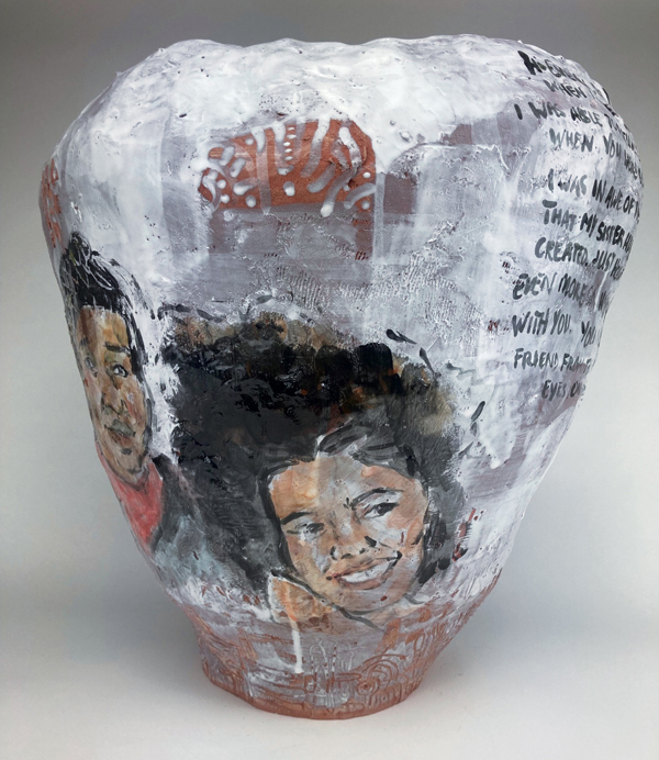 3 Evelyn Mtika’s Homesickness; Auntie, 20 in. (51 cm) in height, earthenware, majolica, underglaze, 2021. 