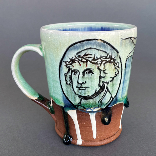 9 Andrew Coombs’ Mug—Forgive Them, Ron, 5¼ in. (13 cm) in width, cone-6 stoneware, slip, underglaze, glaze, 2022. 