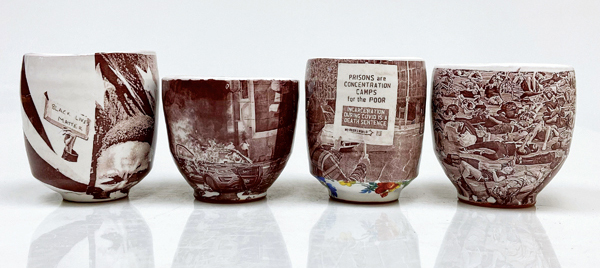 2 Justin Rothshank and Isaac Scott’s cups, 4 in. (10 cm) in height, wheel-thrown earthenware, glaze, decals created using photographs taken in Philadelphia, 2020.
