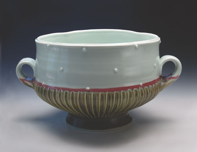 Serving bowl, 10 in. (25 cm) in diameter, thrown, carved and dotted porcelain, fired to Cone 10 in reduction, 2007.