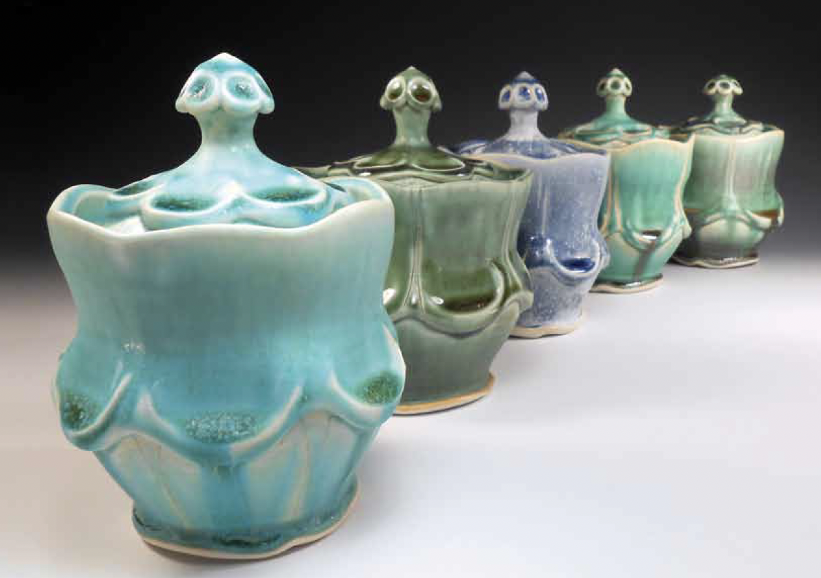 Set of jars, to 5½ in. (14 cm) in height, wheel-thrown and altered porcelain, multiple sprayed and layered glazes, fired to cone 10 in a gas kiln in oxidation, 2016.