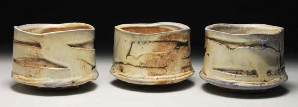Set of three soup bowls, 5 in. (13 cm) in diameter, handbuilt stoneware, spodumene glaze, fired in a wood/soda kiln to cone 11 in reduction, 2015.