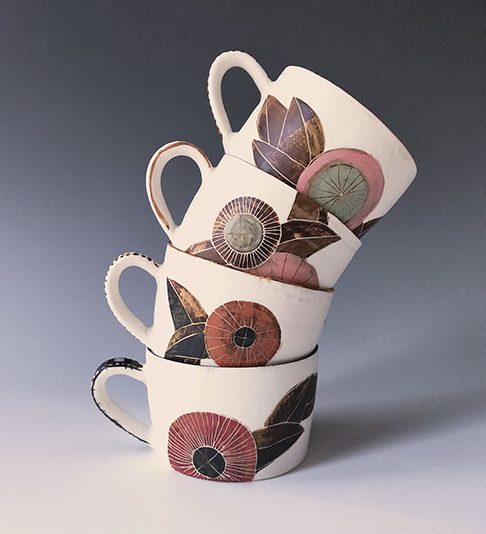 5 Stack of Pinwheel Cups, wheel-thrown porcelain, drawings in terra sigillata, underglaze, oxides, glaze, 2019.