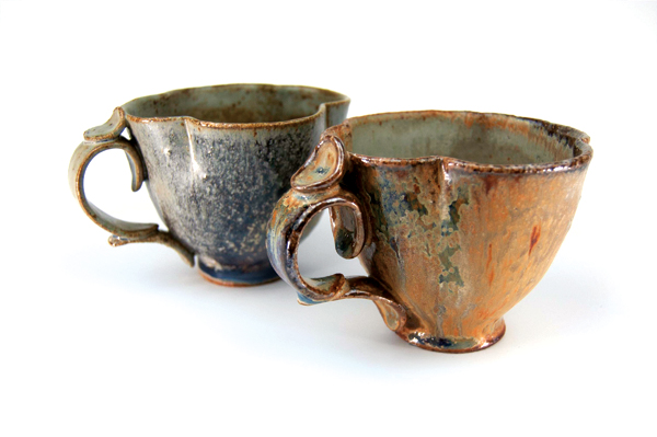 Craggy teacups, 4¾ in. (12 cm) in width, wheel-thrown stoneware, soda fired to cone 10, 2021.