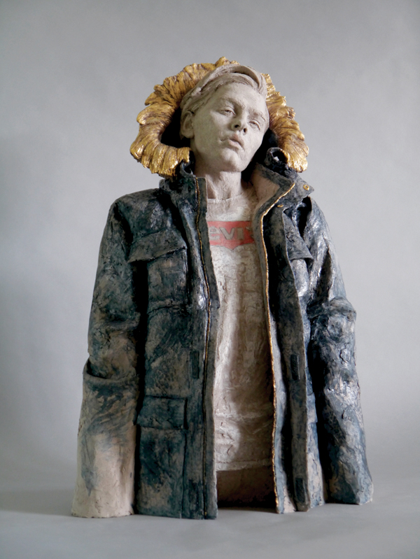 3 Protest Icon, 32 in. (81 cm) in height, coil-built stoneware, engobe, cobalt oxide, glaze, luster, 2021.