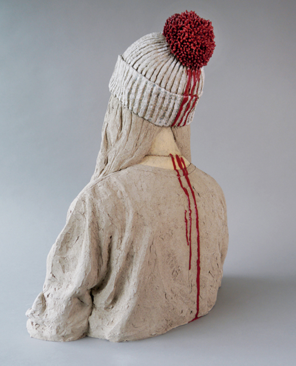 9 Woman with Pom Beanie (back view), 19½ in. (49 cm) in height, coil-built stoneware, engobe, glaze, luster, 2020.