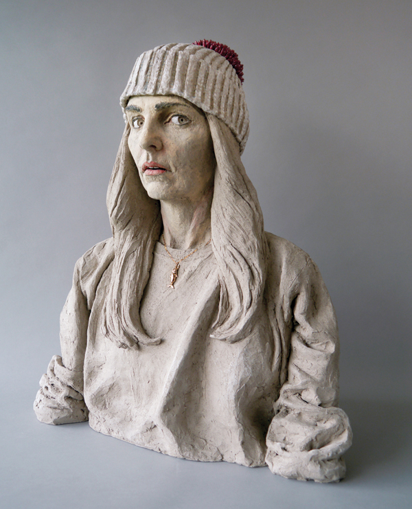 8 Woman with Pom Beanie (front view), 19½ in. (49 cm) in height, coil-built stoneware, engobe, glaze, luster, 2020.