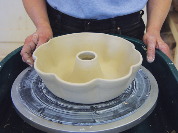 9 The trimmed and completed, fluted-rim bundt pan ready to dry slowly prior to bisque firing.