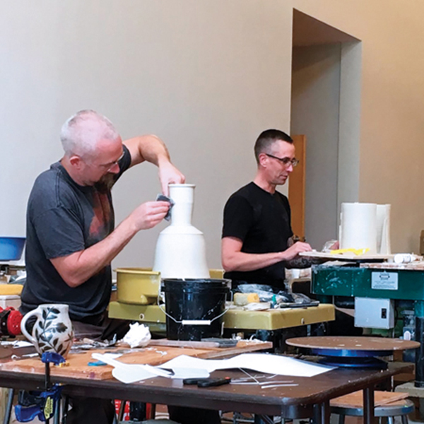 13 Adam Field (left) and Bryan Hopkins (right) demonstrating for their joint workshop at The Hudgens Center for Art and Learning, 2017. 