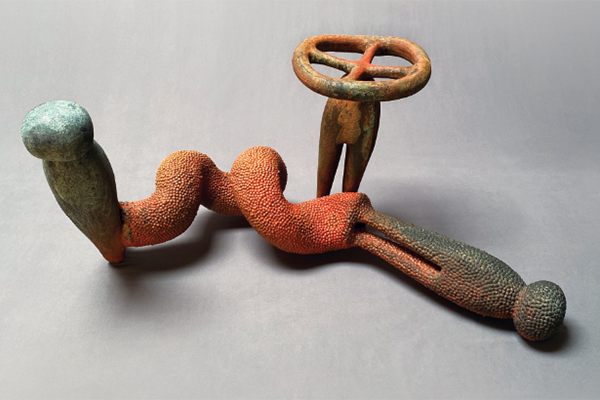 Mother Pins on a Vine, 37 in. (94 cm) in length, clay, mixed media, 2021.