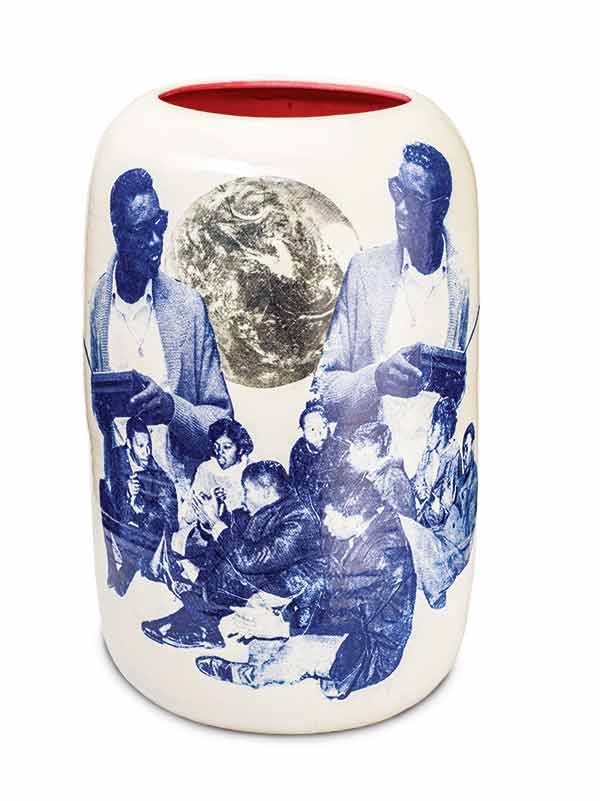 1 Terence Hammonds’ Peace to Us, Collectively, 20 in. (51 cm) in height, porcelain, underglaze transfer, 2022. Photo: Will Jones.