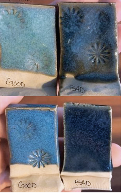 1 Left tile top and bottom: Correctly mixed glazes in 1000g-batches. 1 Right tile top and bottom: Incorrectly mixed glazes scaled up to 6000g batches. (Top and bottom glazes are the same base with different colorants.) Photos: Courtesy of a member of Sue McLeod’s Facebook group. 