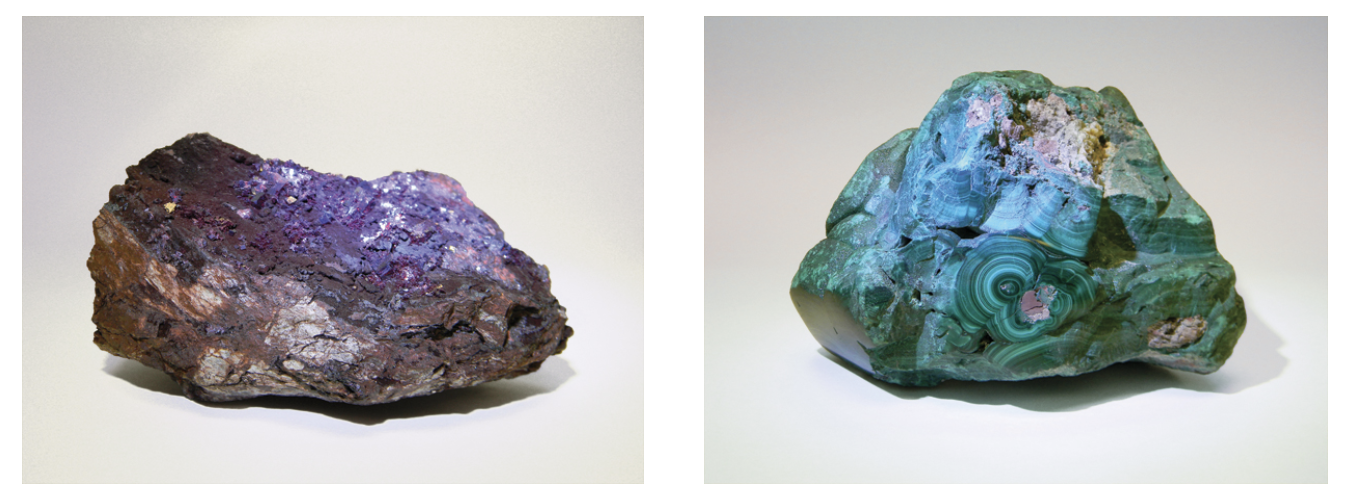 Specimen of the mineral malachite, with chemical formula Cu2CO3(OH)2. Copper has a 2+ oxidation state in this form. On right: Specimen of the mineral cuprite, with chemical formula Cu2O. Copper has a 1+ oxidation state in this form.