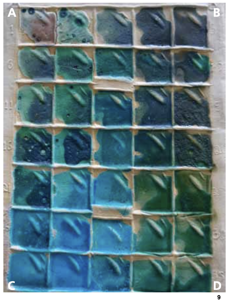 9 Finished grid tile with Daniel's Comet glaze fired to cone 6 in oxidation.