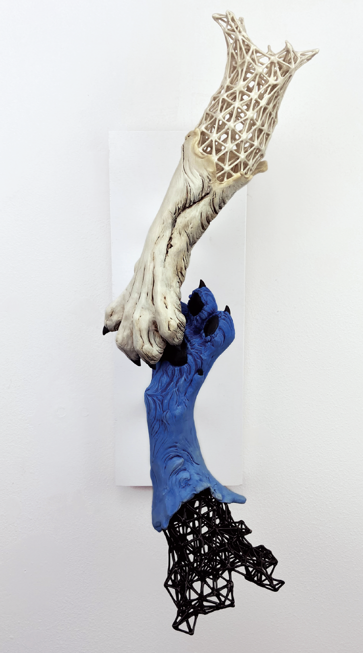 14 Tyler Quintin’s Rendering Connection, 21 in. (53 cm) in height, stoneware, porcelain, underglaze, glaze, fired to cone 5 in oxidation, steel pipe, wood panel, 2021.