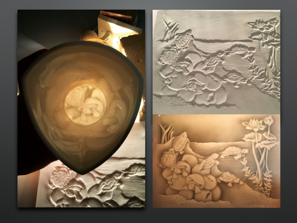 2 Lithophane turtles image in base of a cup. Fired porcelain panel is recessed after firing and shows various tonalities and the feeling of bas-relief when backlit. 