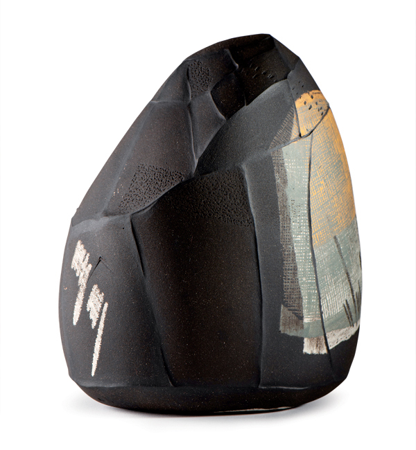 1 Strata (Sacrificial Stone Series 2), 10 in. (26 cm) in height, slab-built black stoneware, monoprinted surface, colored slips, underglaze, fired to 2228°F (1220°C), 2021.