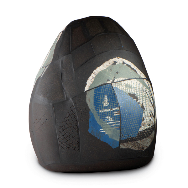 2 Lazurite (Sacrificial Stone Series 2), 9 in. (23 cm) in height, slab-built black stoneware, monoprinted surface, colored slips, underglaze, fired to 2228°F (1220°C), 2021. Photos: Dan Barker Studios. 