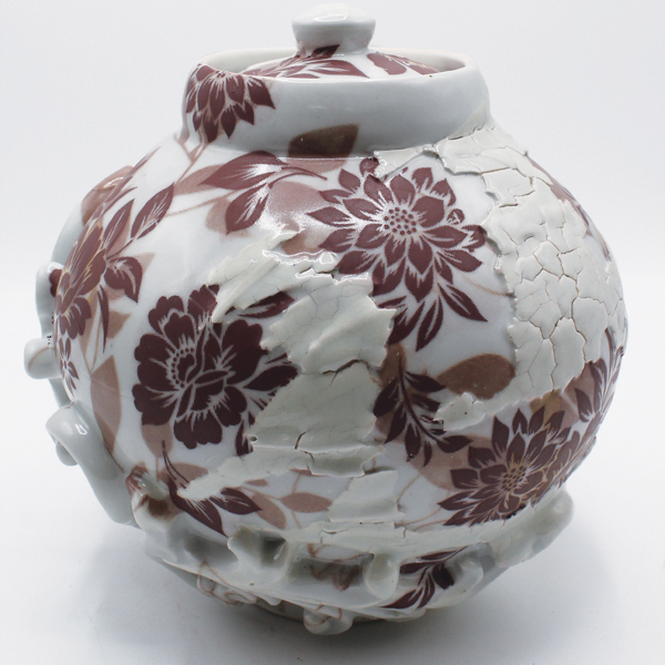 3 Jessica Wilson’s Layers Series–Lidded Jar, porcelain, fired to cone 10 in reduction, decals, 2022.