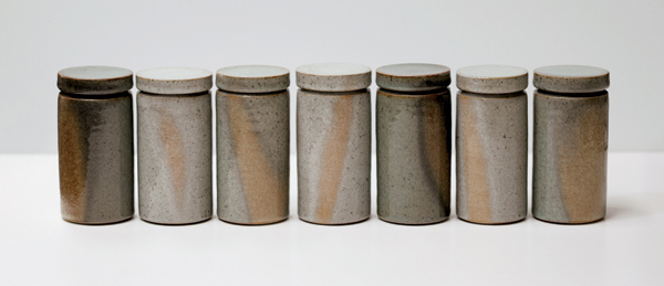 3 Partly oxidized lidded jars, 5¾ in. (15 cm) in height, stoneware, crackle glaze, 2021. 