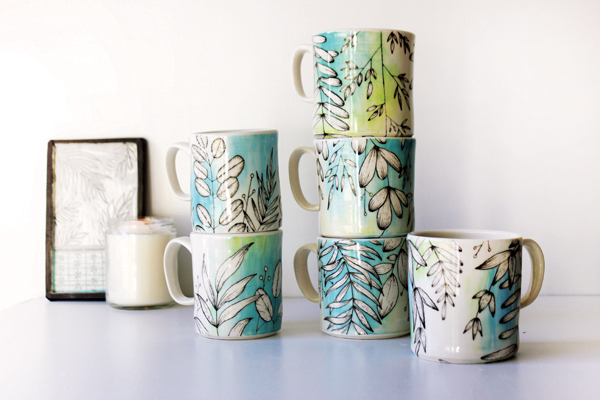 Mugs, 4 in. (10 cm) in height, porcelain, underglaze, glaze, fired to cone 6. 