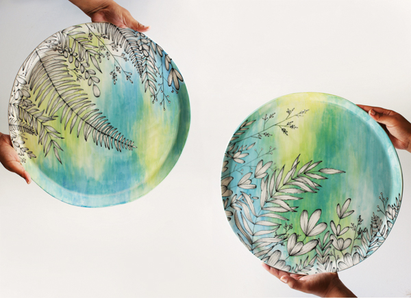 Platters, 15 in. (38 cm) in diameter, porcelain, underglaze, glaze, fired to cone 6. 