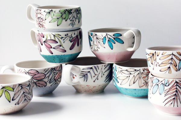 Mugs, 4 in. (10 cm) in diameter, porcelain, underglaze, glaze, fired to cone 6. 