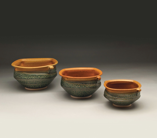 Royce Yoder’s squared-off bowls, wheel-thrown and altered stoneware, fake-ash glaze, fired in reduction to cone 10.