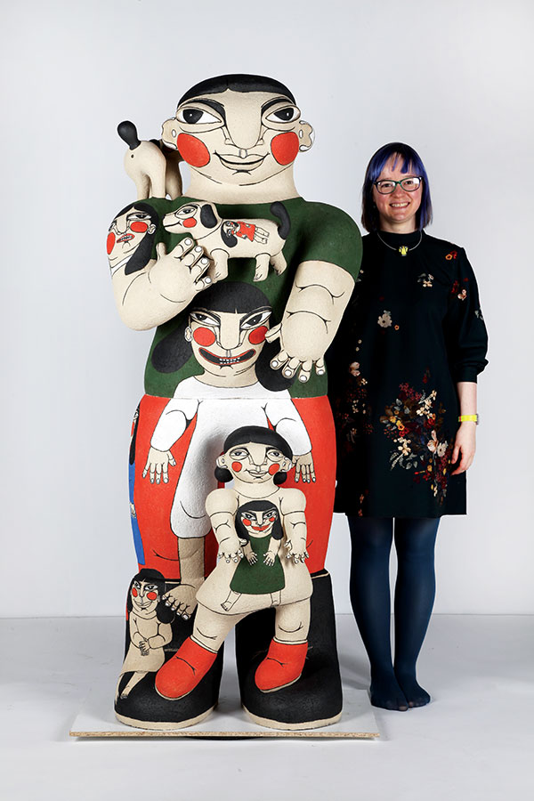 6 Not far from? (pictured with Janina Myronova), 5 ft. 6 in. (1.7 m) in height, chamotte clay, underglaze, 2020. Photo: Jan Gaworski.