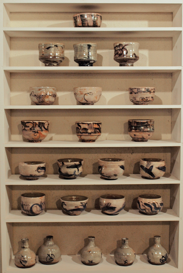 9 Bowls and bottles, stoneware, gas fired to 2012°F (1100°C), lusters, wood fired to 1292°F (700°C), 2014. Photo: Lucie Brisson.