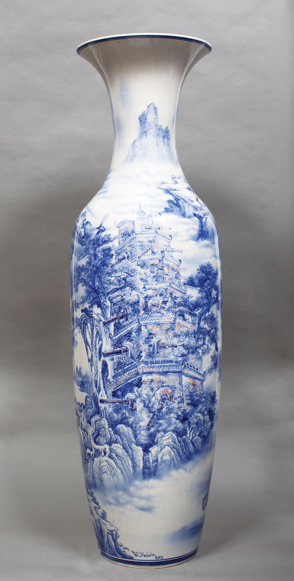 8 Bui Cong Khanh’s The Story of Blue, White and Red (No. 2) (two views), 5 ft. 2 in. (1.6 m) in height, porcelain, hand painted, 2013.