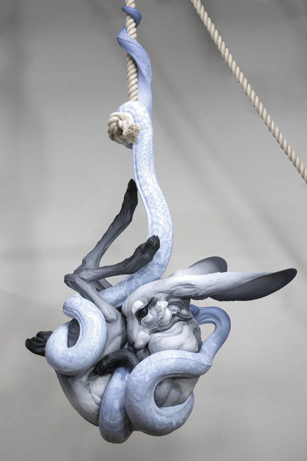 6 Tangled Up in You, 5 ft. 5 in. (1.6 m) in height (figures), 15 ft. (4.6 m) in height (installed), stoneware, ink, paint, rope, 2014. Japanese-style tattoo designed with and painted by Alessandro Gallo.