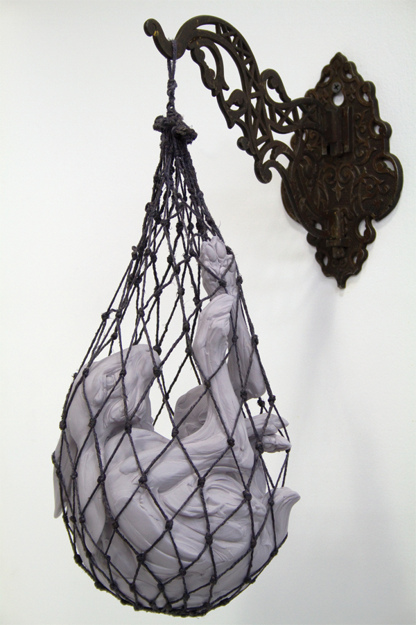 5 Netted Hare, from the Four Humors series, 14 in. (36 cm) in height, stained porcelain, hemp net, mixed media, 2010.