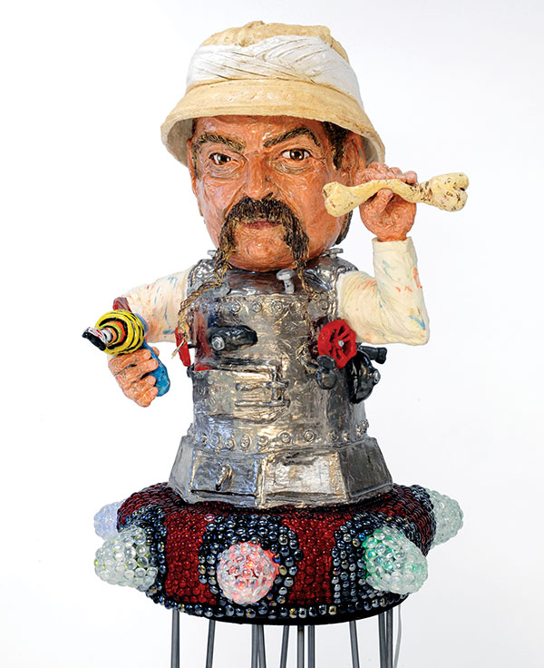 8 Dr. Gladstone has left the Planet (Portrait of Clayton Bailey), 3 ft. 5 in. (1 m) in height, ceramic, glass marbles, wire, LED lights, 2021.