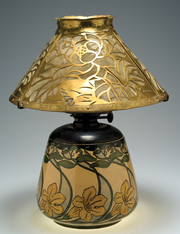 7 Esther Huger Elliot’s lamp ceramic base, 9 5/8 in. (24 cm) in height, painted underglaze of cat’s claw vine design, brass shade, copper screen in magnolia design, ca. 1902. Collection of Newcomb Art Collection, Tulane University, Louisiana.