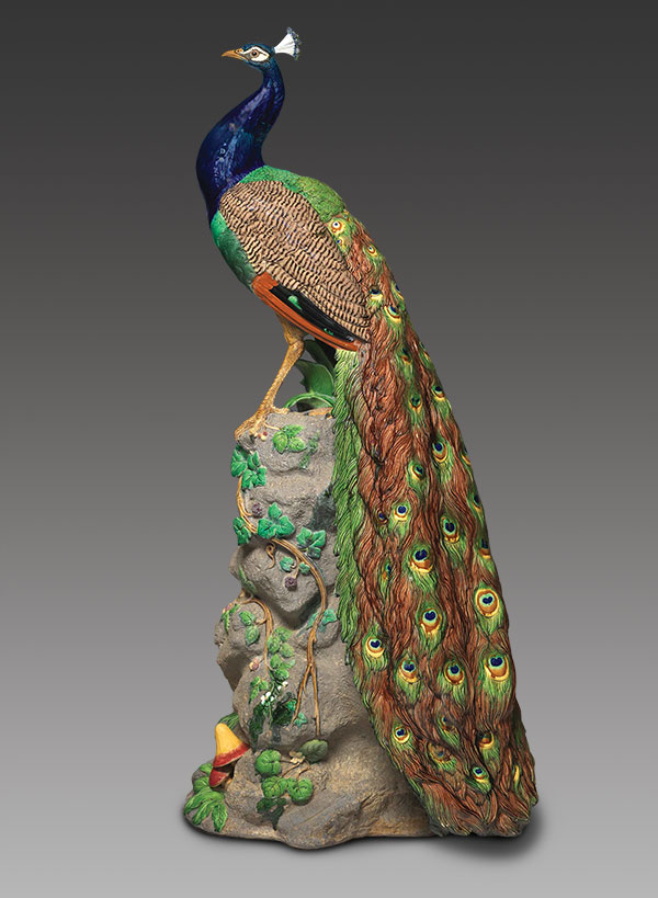 3 Paul Comoléra’s Peacock, Shape No. 2045, 5 ft. (1.5 m) in height, earthenware, majolica glazes, 1876. Manufactured by Minton & Co. Photo: Bruce White.