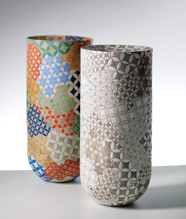 10 Vase Forms | Grammar of Ornament—Byzantine, polychrome and monochrome, 12½ in. (32 cm) in height, handbuilt inscribed ceramic with glaze and vitreous slip, 2020. Photo: Shannon Tofts.