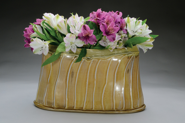 5 Oval flower vase, 12½ in. (32 cm) in diameter, wheel-thrown and altered stoneware, slip decoration, glaze fired to cone 10 reduction in a gas kiln, 2017.